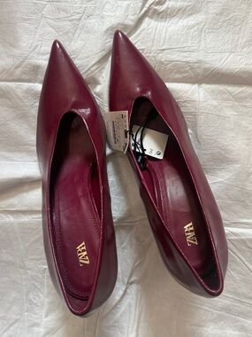 ZARA Wine Pointed-Toe Leather Heels 41,  US 10